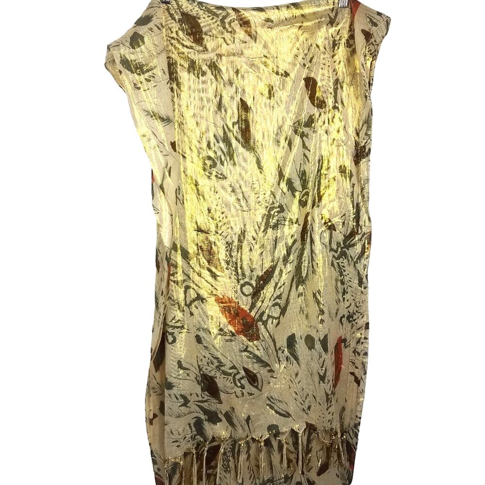 Metallic Gold Scarf with Feathers and Fringe